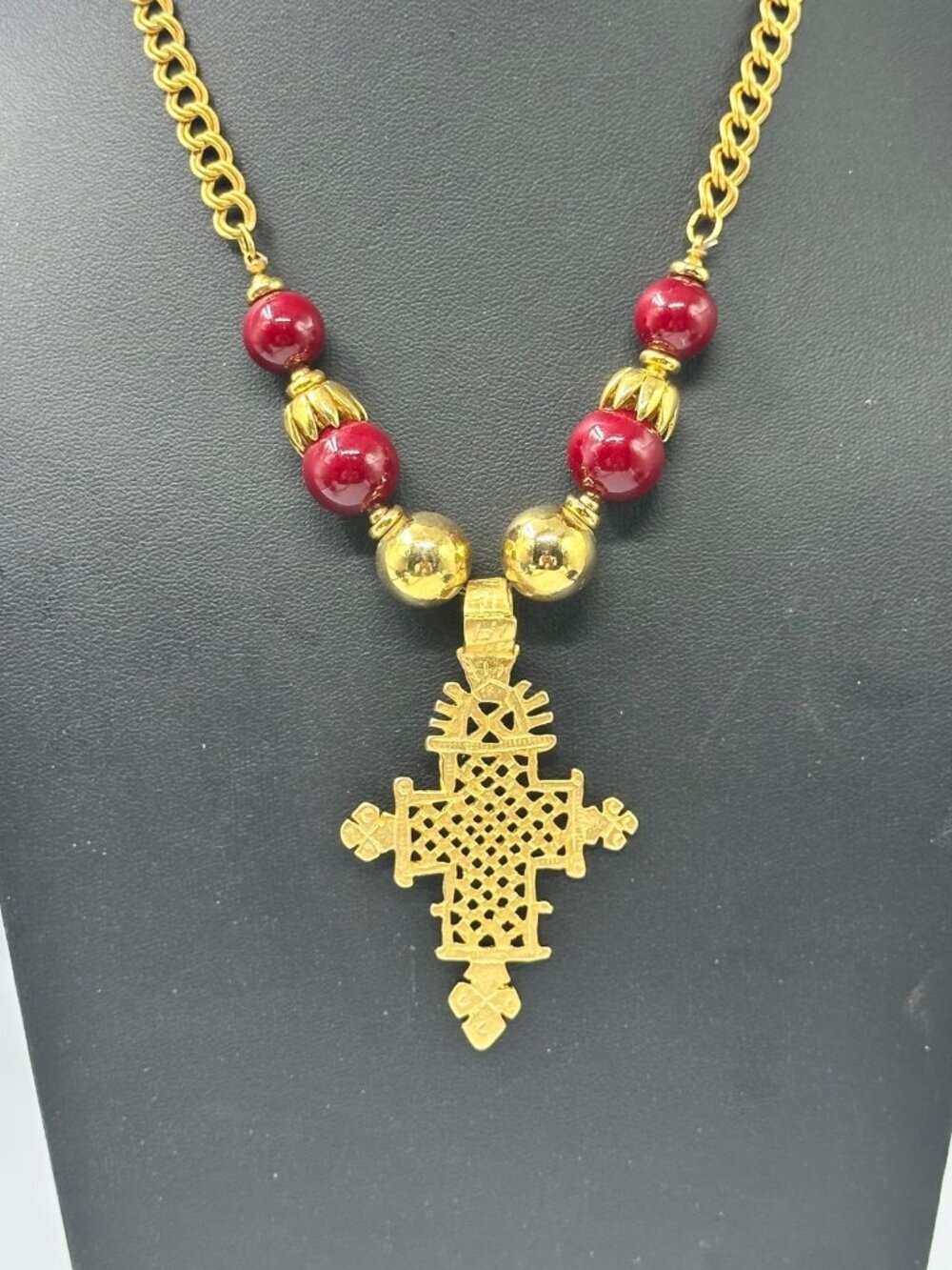 3/$30 Ethiopian Cross Pendant Necklace Gold Tone Maroon Beads Curb Chain Link